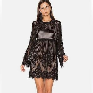 BCBG MAXAZRIA Black Luann Floral Stripe Lace Bell Sleeve Babydoll Mini